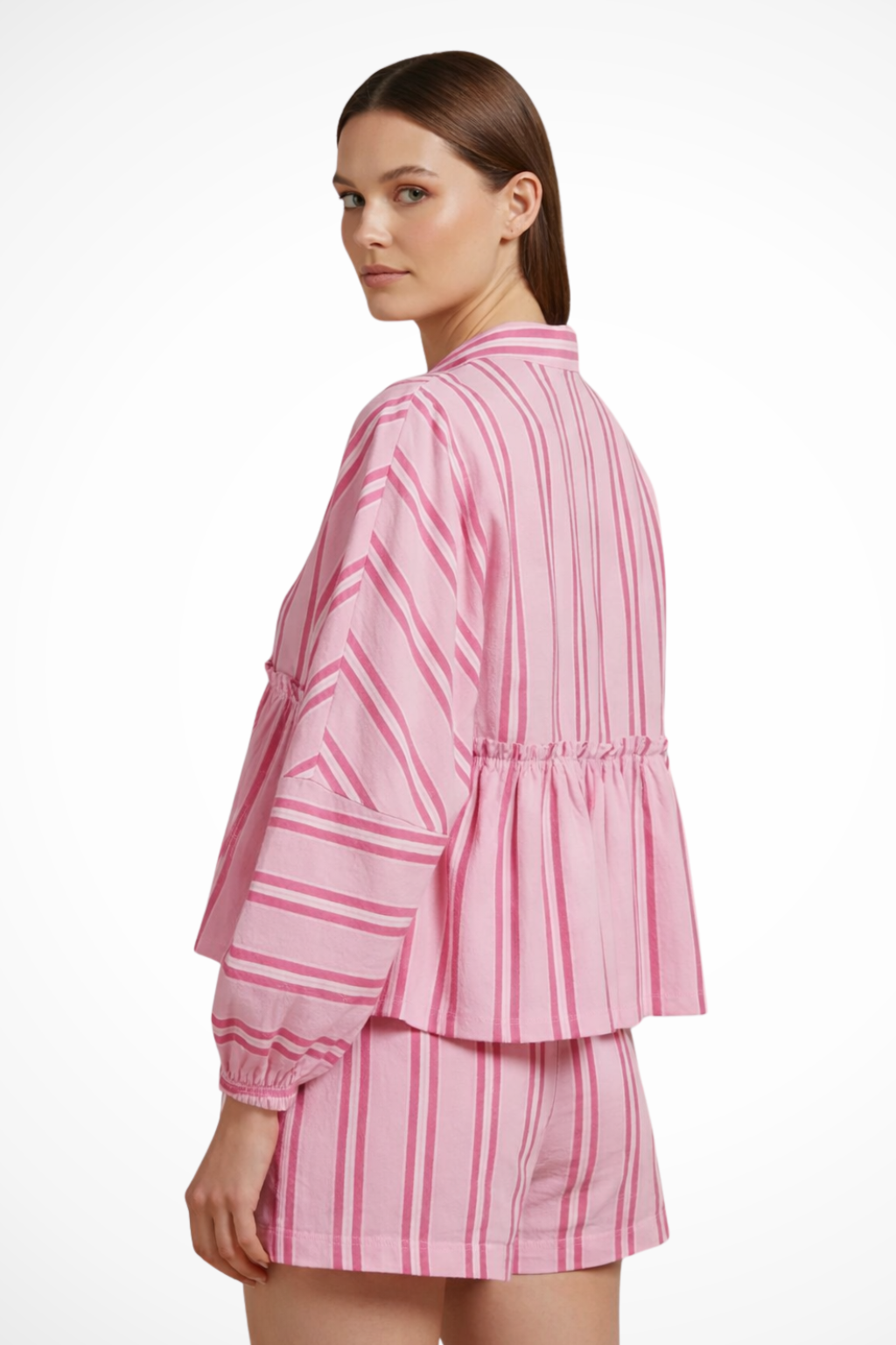 Maya | Elegancki Peplum Komplet z Szortami w Paski 6