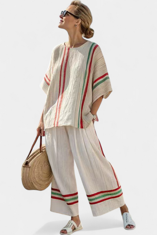 Elegancka Bluzka Boho z Szerokimi Spodniami w Czerwono-Zielone Paski