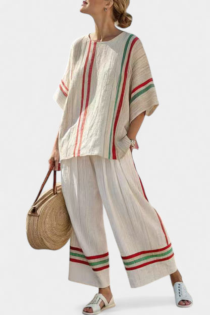 Elegancka Bluzka Boho z Szerokimi Spodniami w Czerwono-Zielone Paski