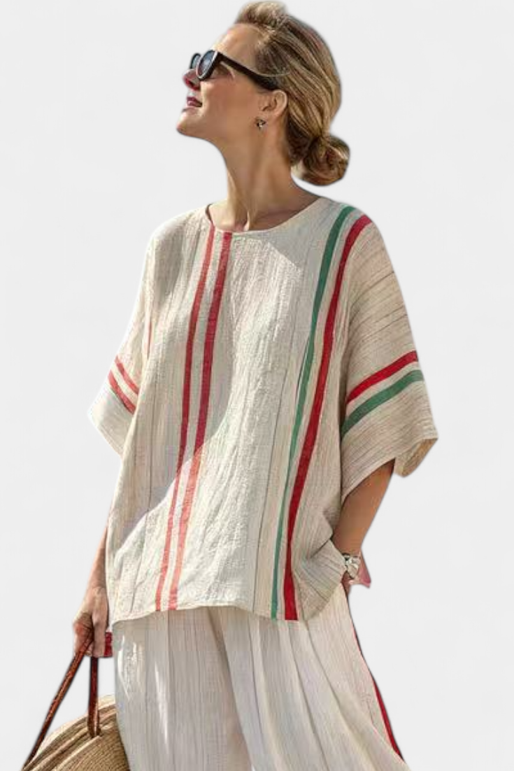 Elegancka Bluzka Boho z Szerokimi Spodniami w Czerwono-Zielone Paski