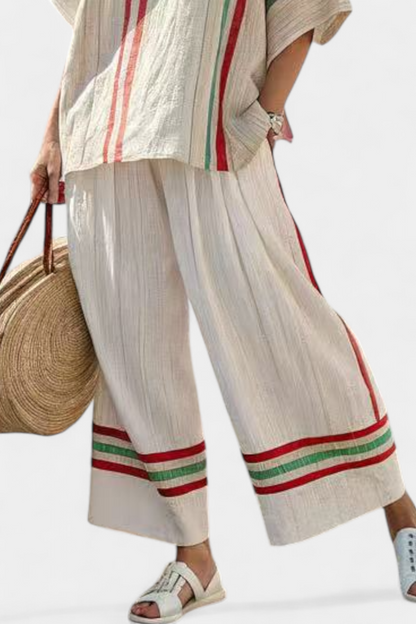 Elegancka Bluzka Boho z Szerokimi Spodniami w Czerwono-Zielone Paski