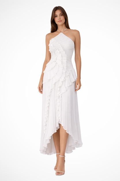 Mia | Elegancka Letnia Sukienka Maxi z Odkrytymi Plecami i Falbanami 2