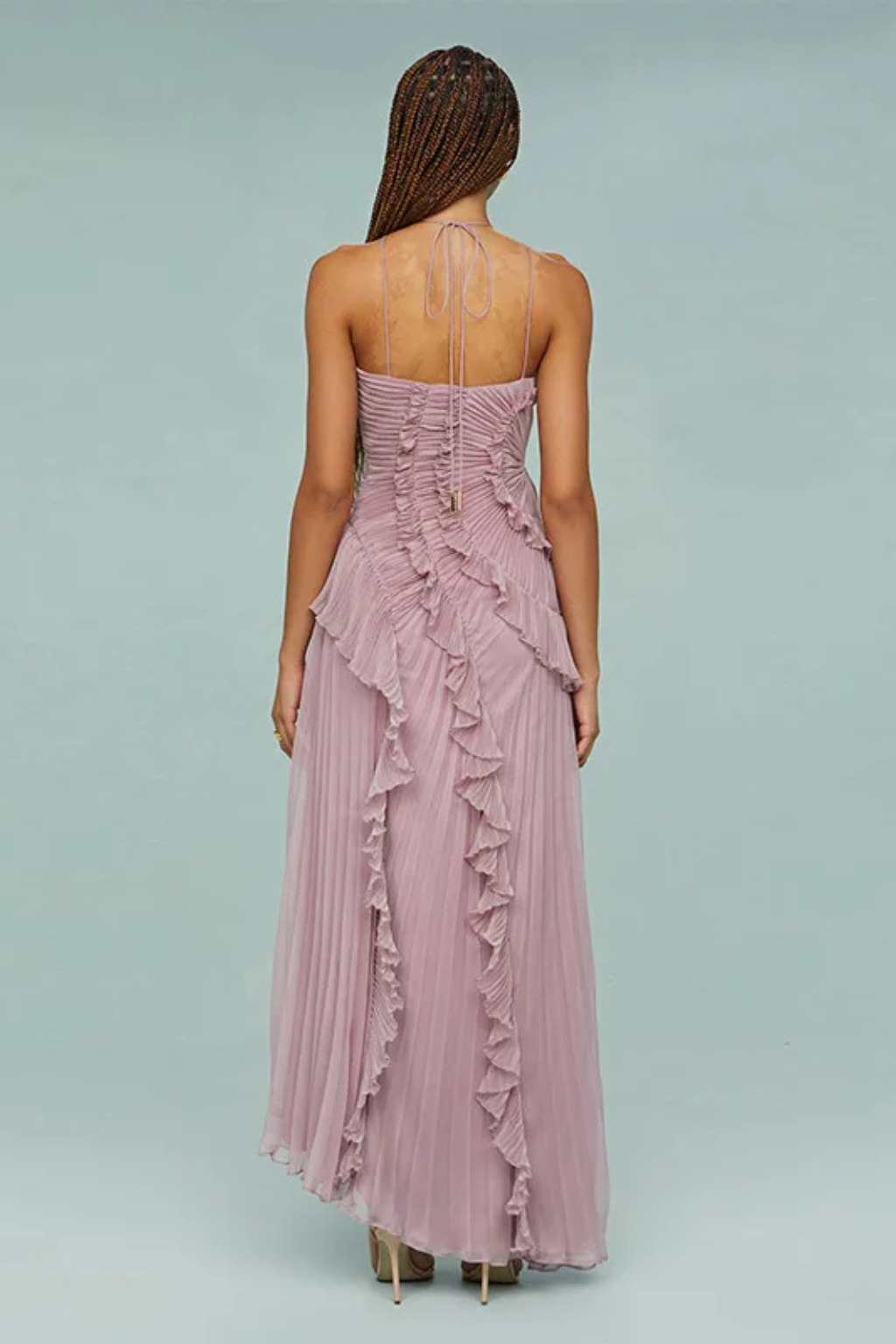Mia | Elegancka Letnia Sukienka Maxi z Odkrytymi Plecami i Falbanami 8