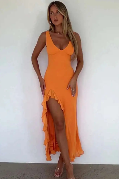 Mia | Elegancka Midi Sukienka z Dekoltem w Szpic i Falbanką 5