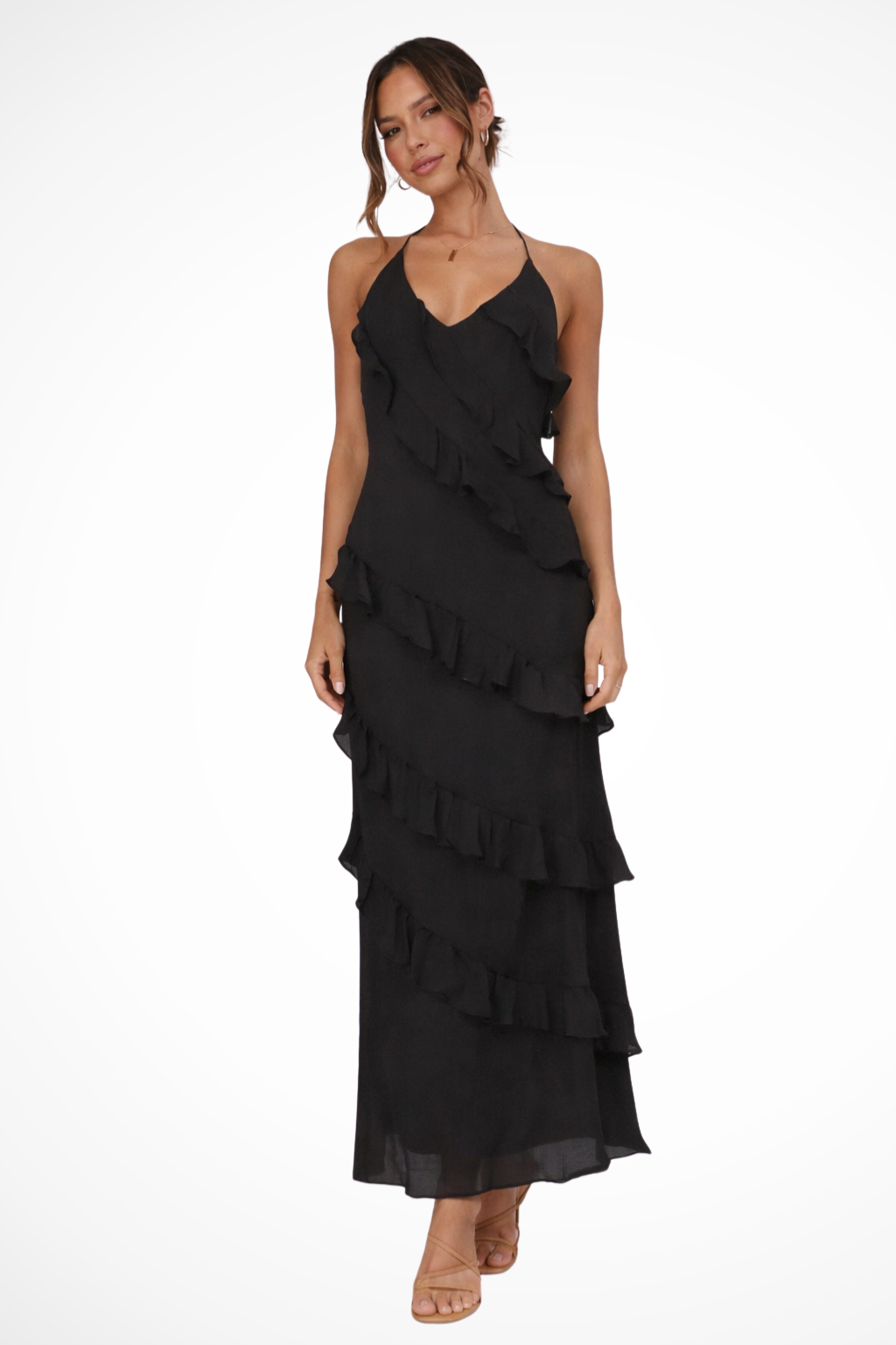 Mia | Letnia Sukienka Maxi z Dekoltem Halter i Falbanami na Wesele 3