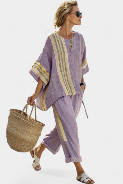 Boho Lawendowy Top z Musztardowymi Spodniami Oversize