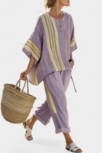Boho Lawendowy Top z Musztardowymi Spodniami Oversize