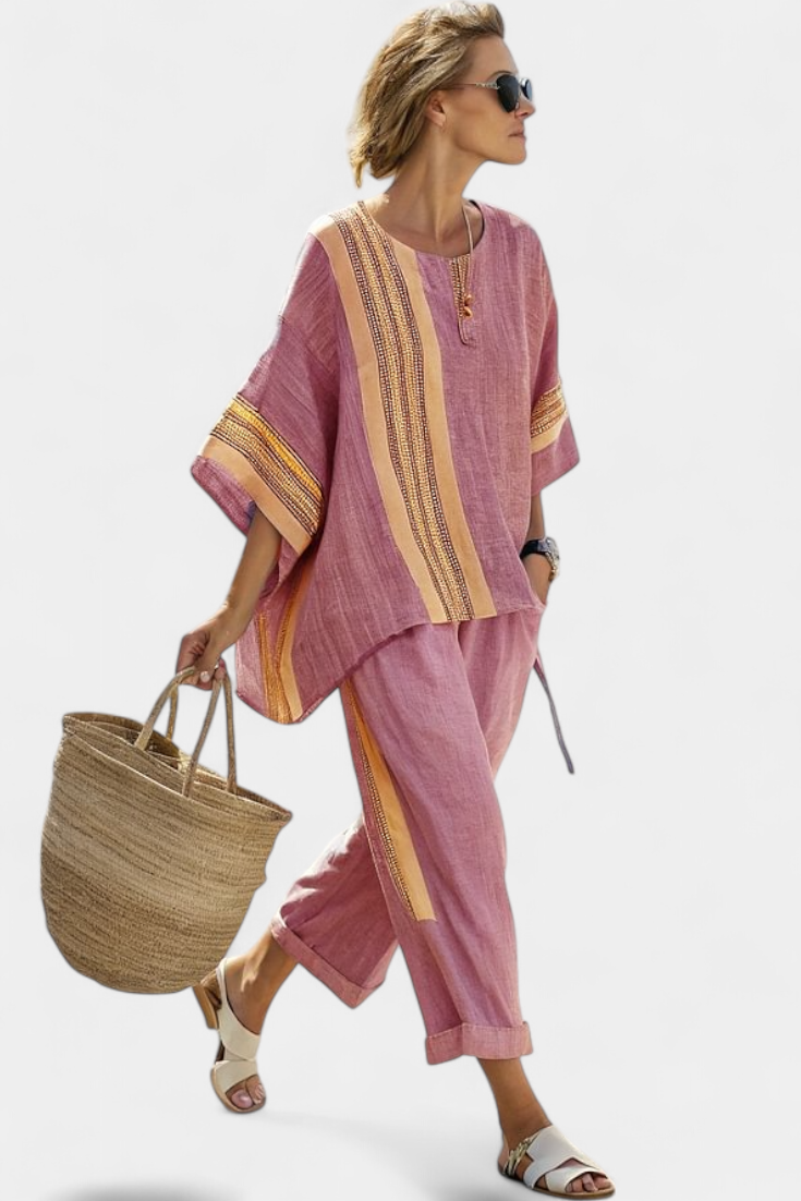 Boho Lawendowy Top z Musztardowymi Spodniami Oversize