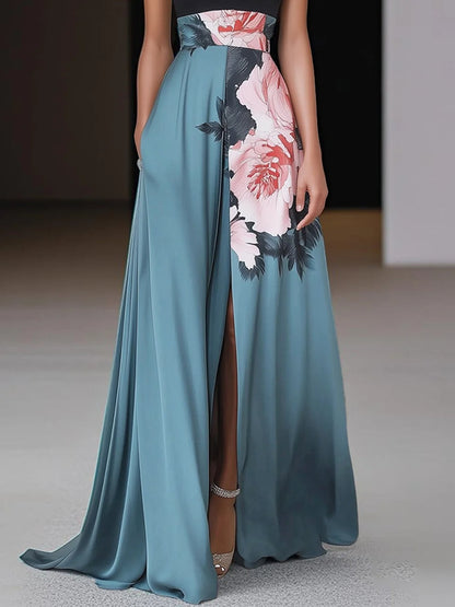 Olivia | Elegancka Czarna Sukienka Maxi z Kwiatowym Dekoltem 2