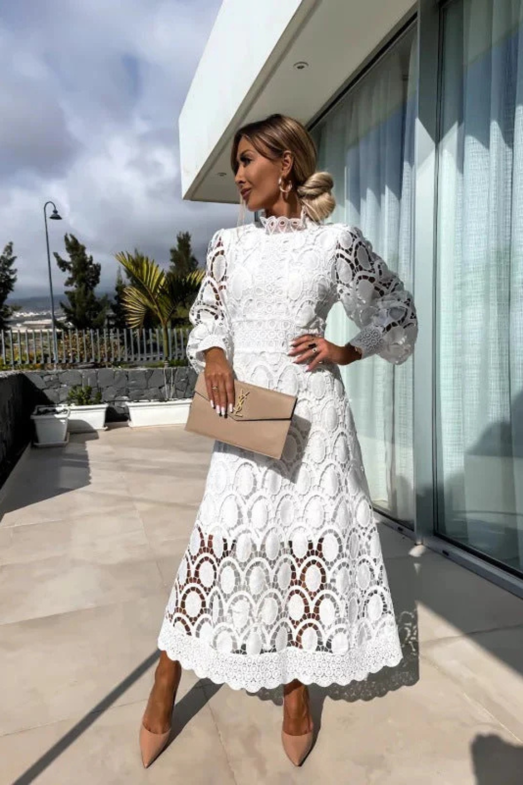 Olivia | Elegancka Damska Sukienka Midi z Koronką i Długim Rękawem 2