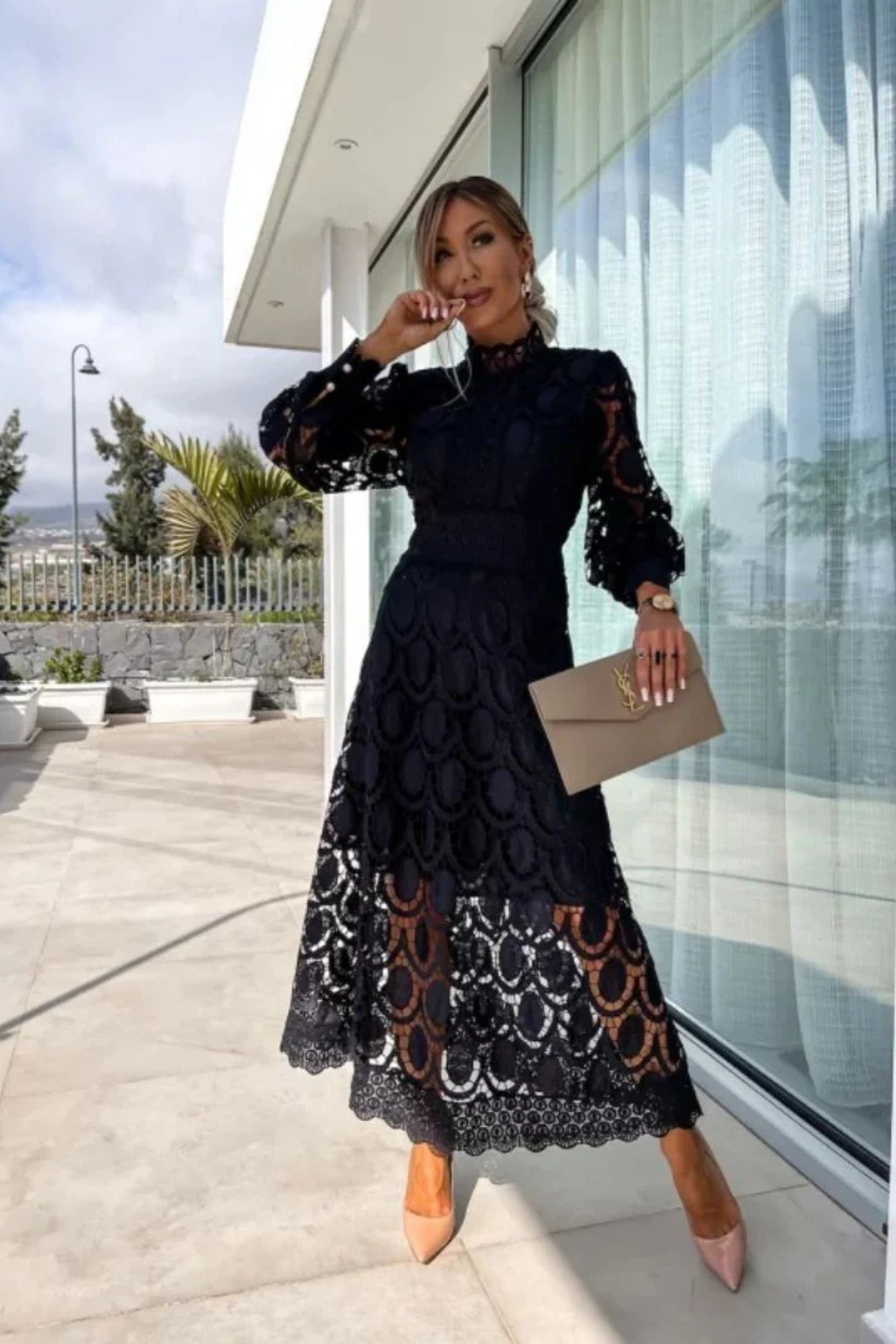 Olivia | Elegancka Damska Sukienka Midi z Koronką i Długim Rękawem 4