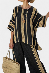 Stylowy Luźny Top w Paski i Spodnie Lnianie