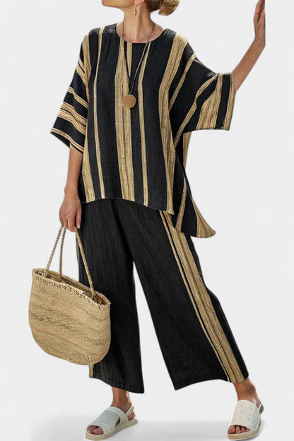 Stylowy Luźny Top w Paski i Spodnie Lnianie