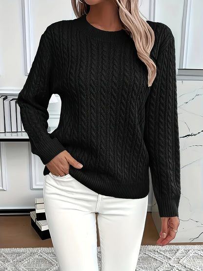 Sweter Oversize Damski w Warkocze z Okrągłym Dekoltem