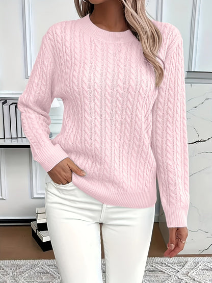 Sweter Oversize Damski w Warkocze z Okrągłym Dekoltem