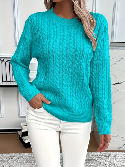 Sweter Oversize Damski w Warkocze z Okrągłym Dekoltem