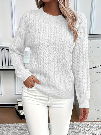 Sweter Oversize Damski w Warkocze z Okrągłym Dekoltem