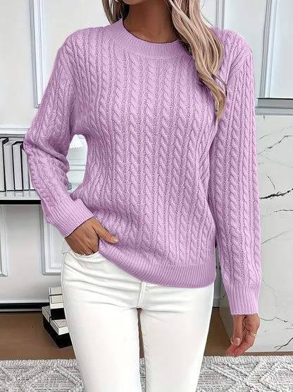 Sweter Oversize Damski w Warkocze z Okrągłym Dekoltem
