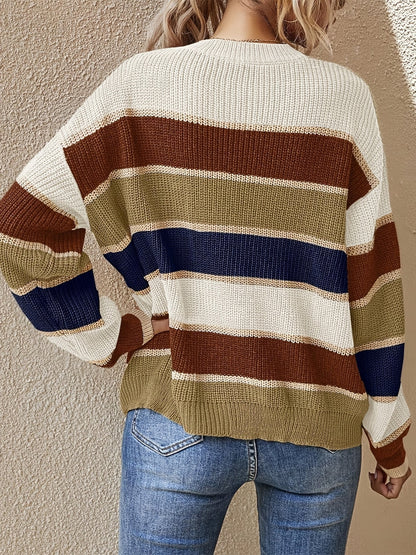 Sweter Oversize Damski w Paski Color Block