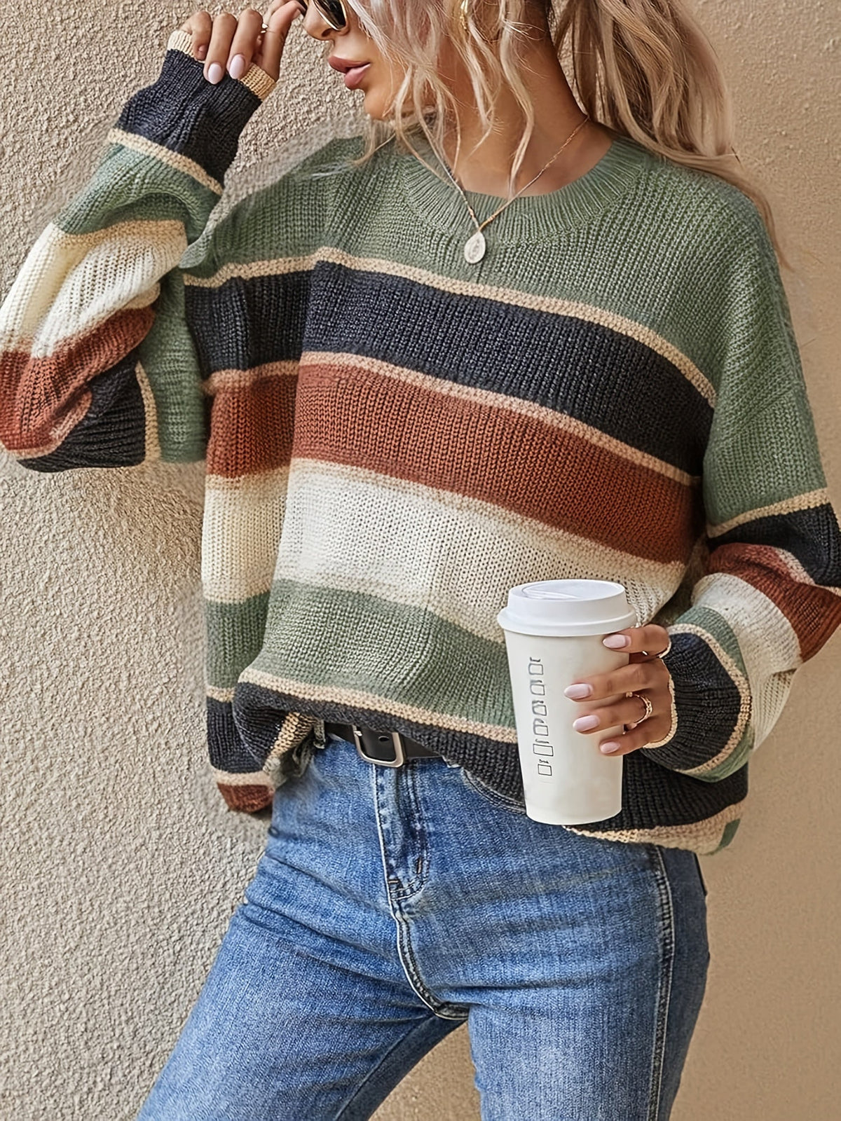 Sweter Oversize Damski w Paski Color Block