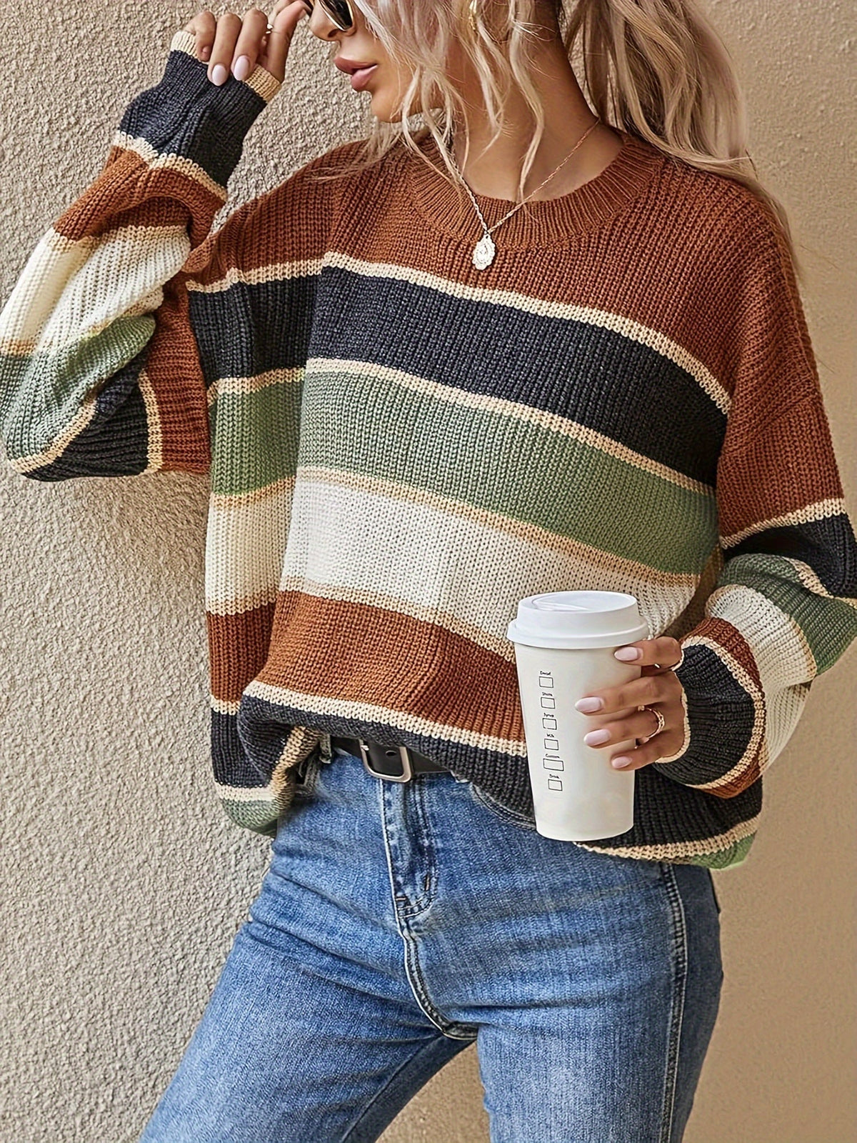 Sweter Oversize Damski w Paski Color Block