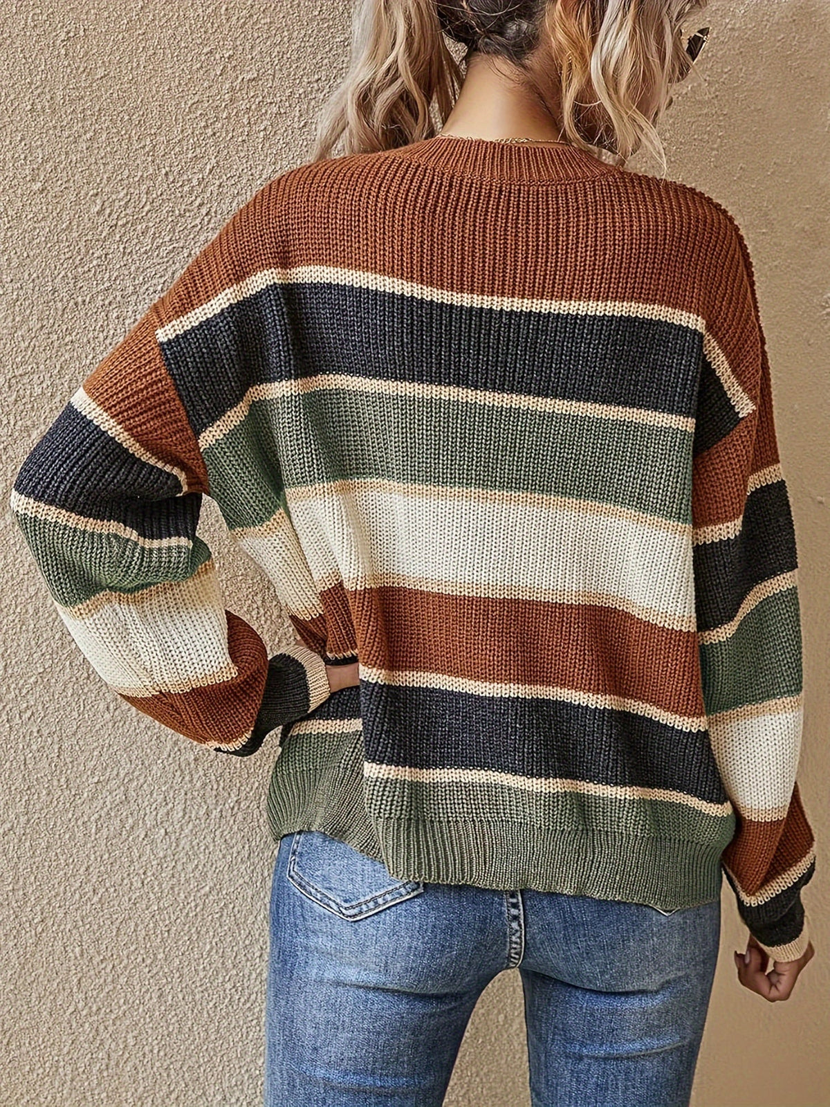 Sweter Oversize Damski w Paski Color Block