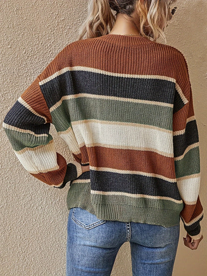 Sweter Oversize Damski w Paski Color Block