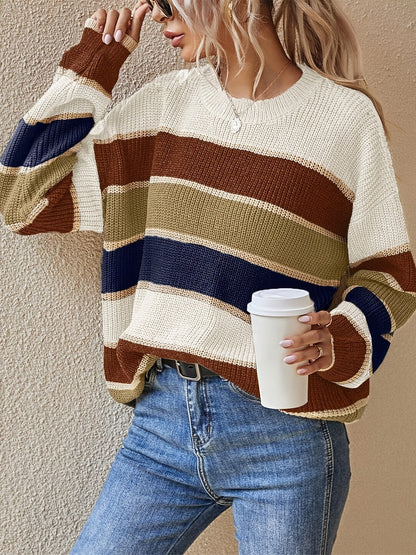 Sweter Oversize Damski w Paski Color Block