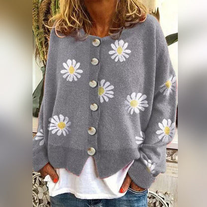 Kardigan Damski w Stokrotki z Okrągłym Dekoltem