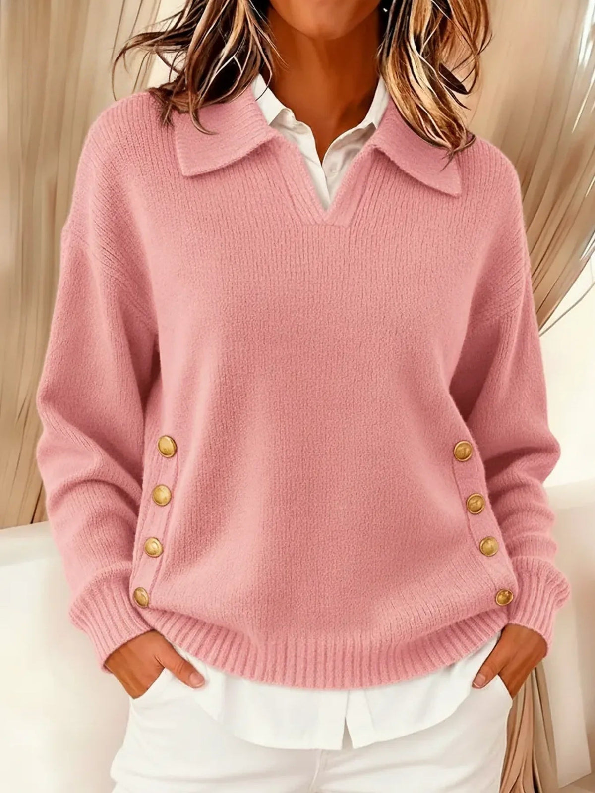 Sweter Damski z Kołnierzykiem Polo i Złotymi Guzikami