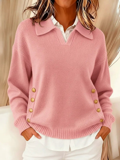 Sweter Damski z Kołnierzykiem Polo i Złotymi Guzikami