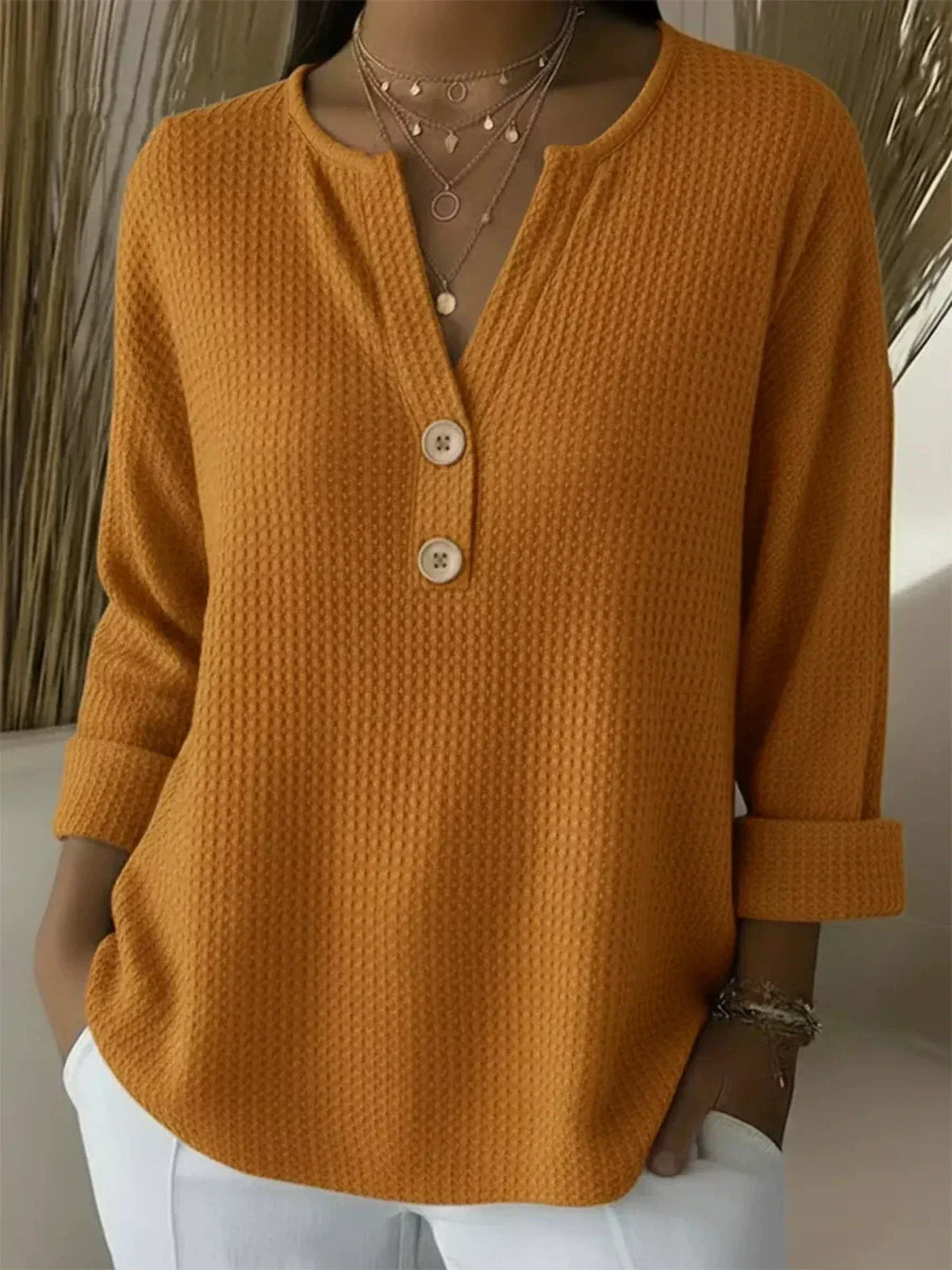 Bluzka Damska Waflowa z Rękawem 3/4 Henley