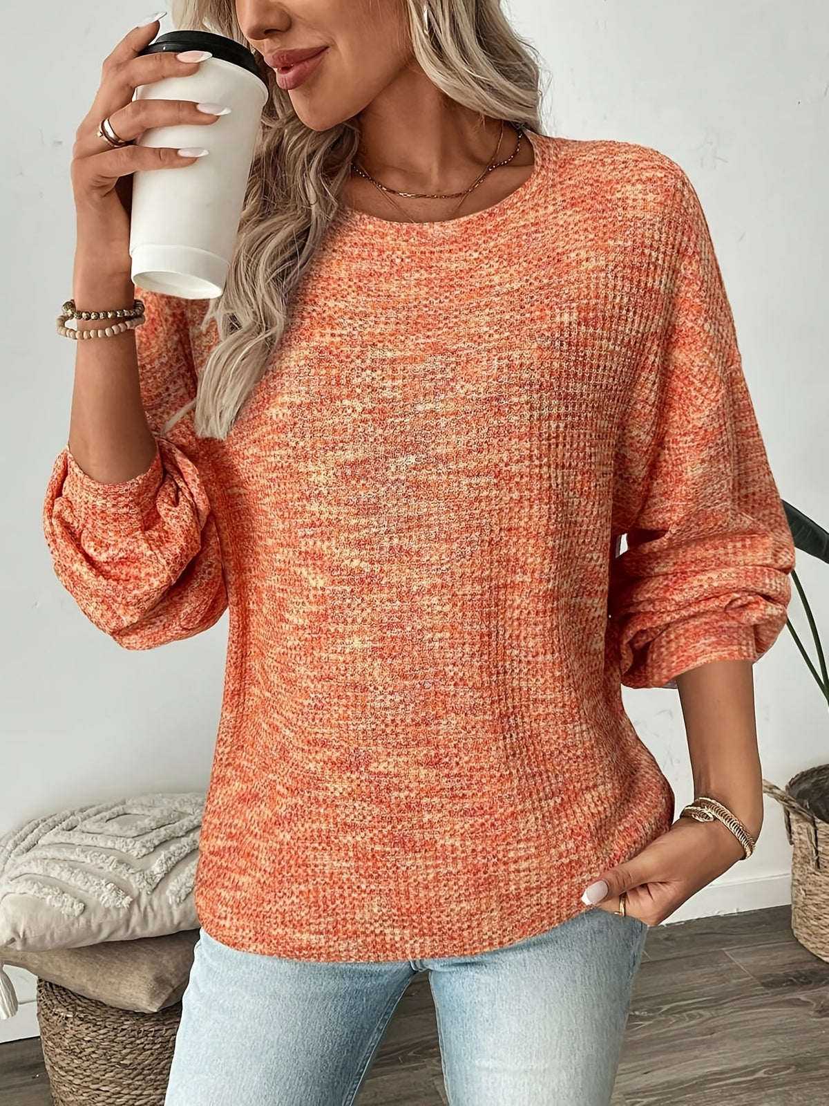 Sweter Damski Pomarańczowy z Bufiastymi Rękawami