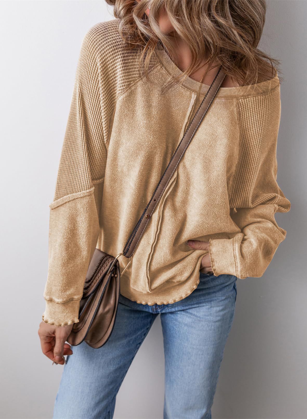Bluza Damska Waflowa Oversize z Kieszenią