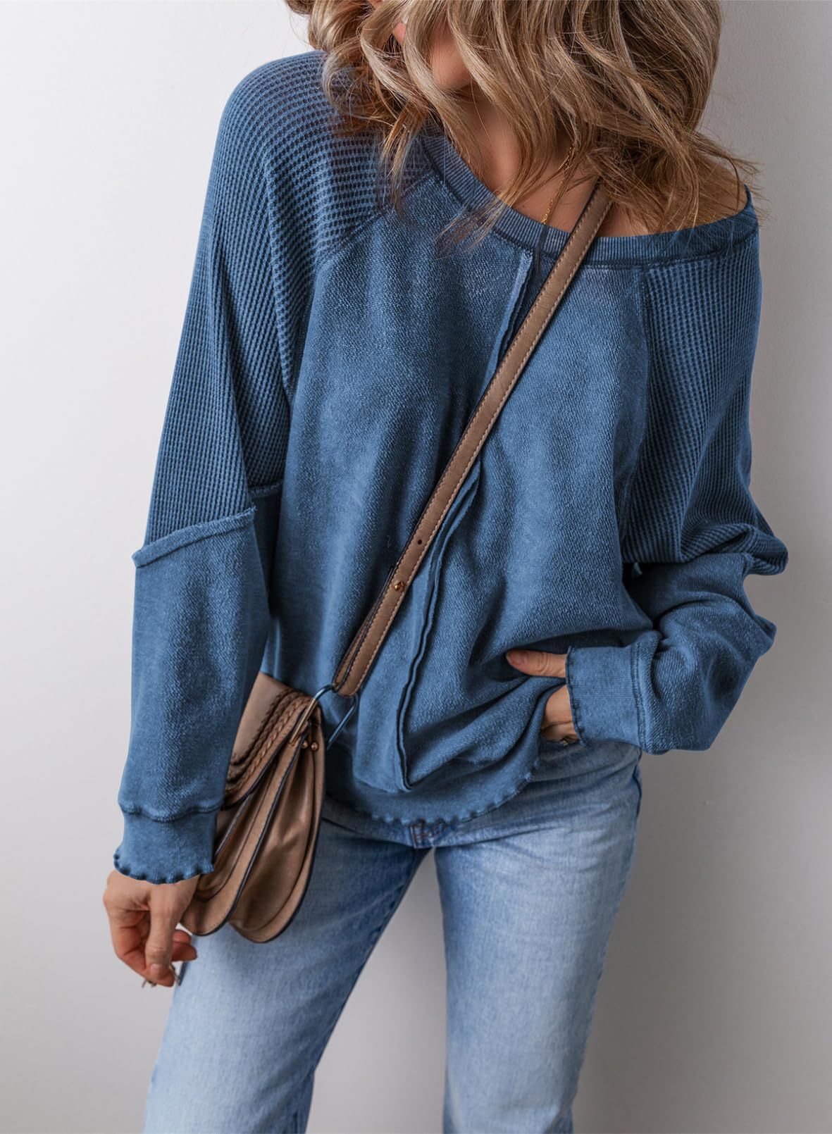 Bluza Damska Waflowa Oversize z Kieszenią