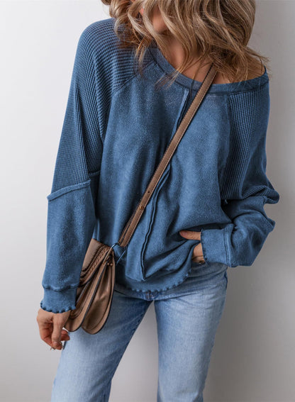 Bluza Damska Waflowa Oversize z Kieszenią
