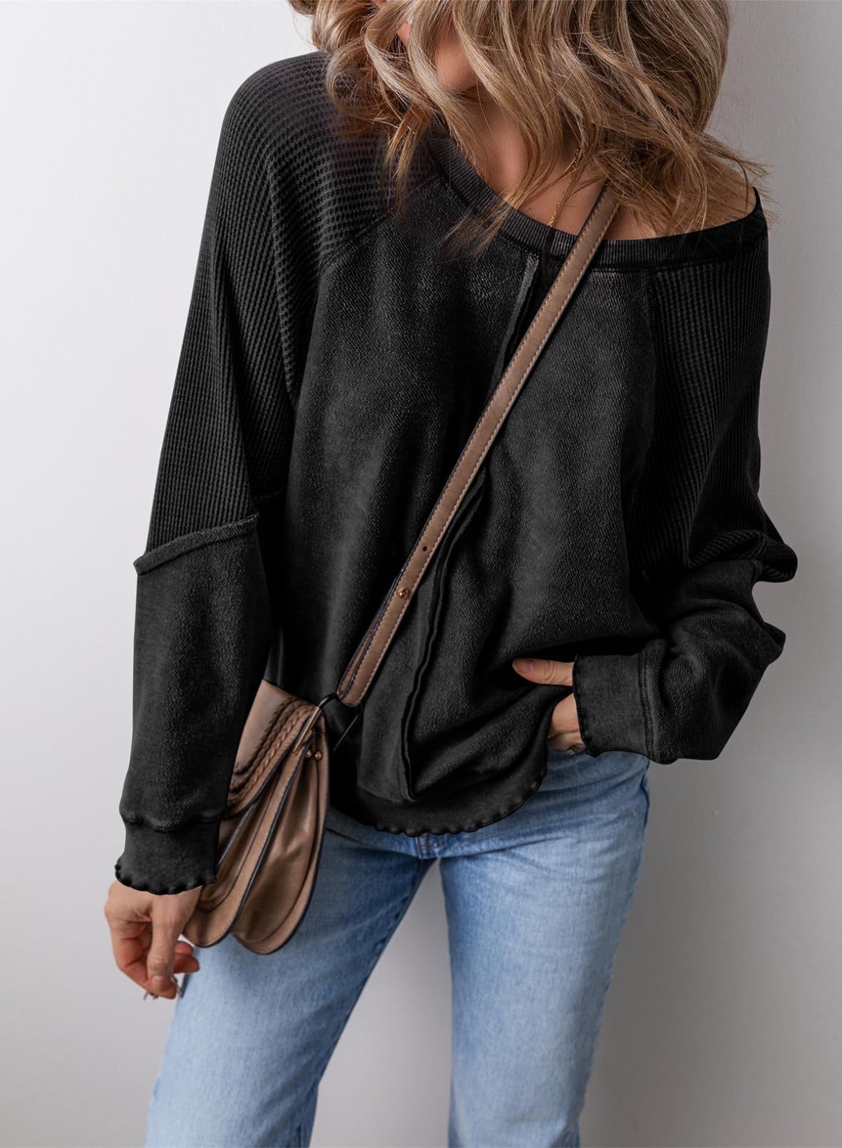 Bluza Damska Waflowa Oversize z Kieszenią