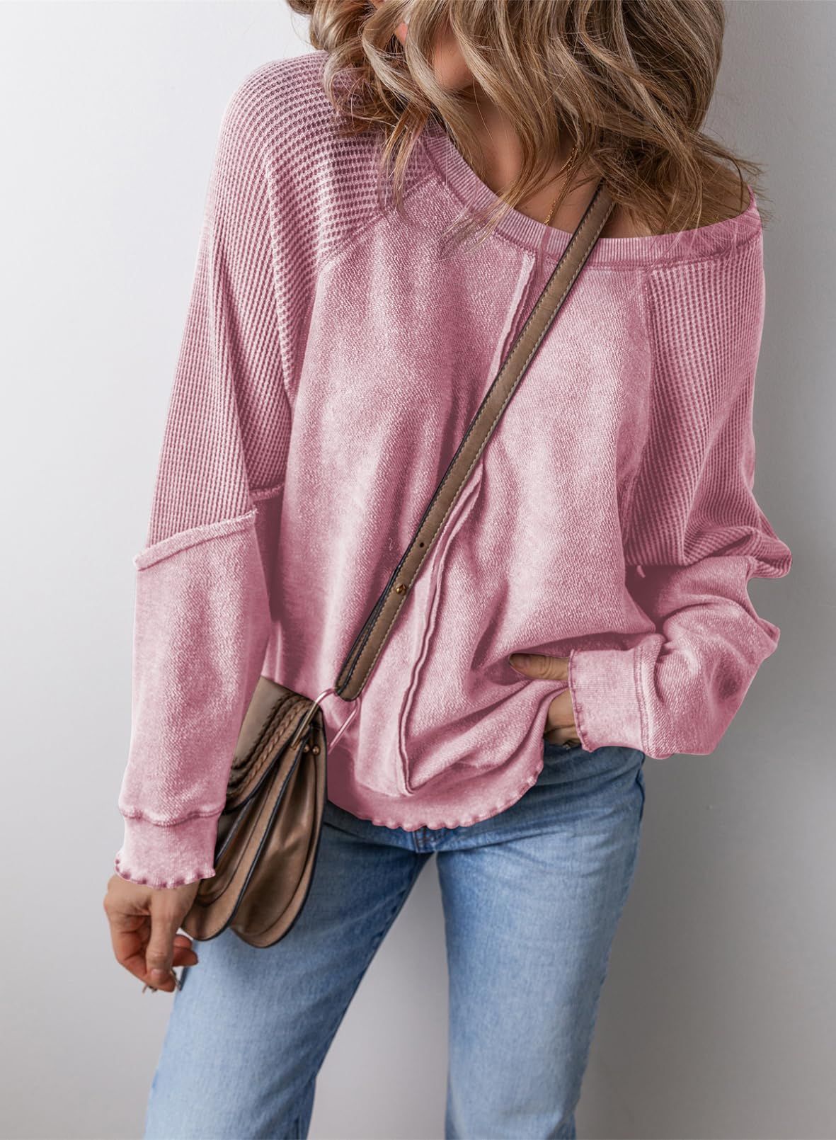 Bluza Damska Waflowa Oversize z Kieszenią