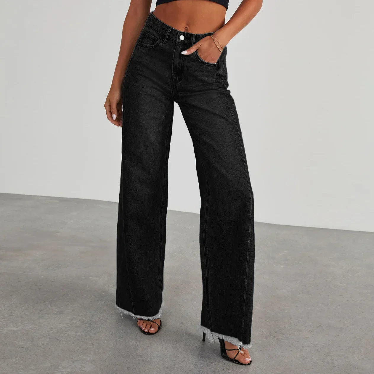 Mona | Stylowe szare jeansy damskie wide leg z nieobszytym dołem