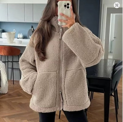 Kurtka Teddy Damska Oversize na Zamek ze Stójką
