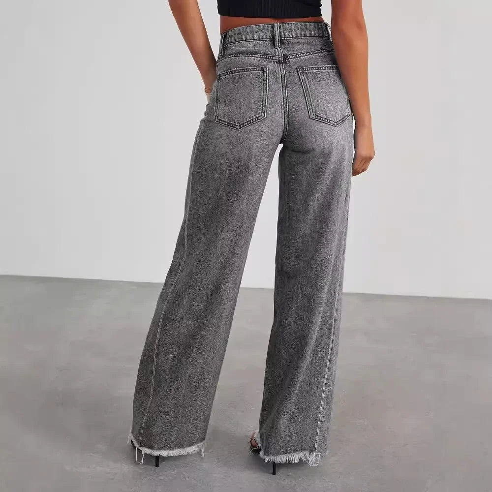 Mona | Stylowe szare jeansy damskie wide leg z nieobszytym dołem