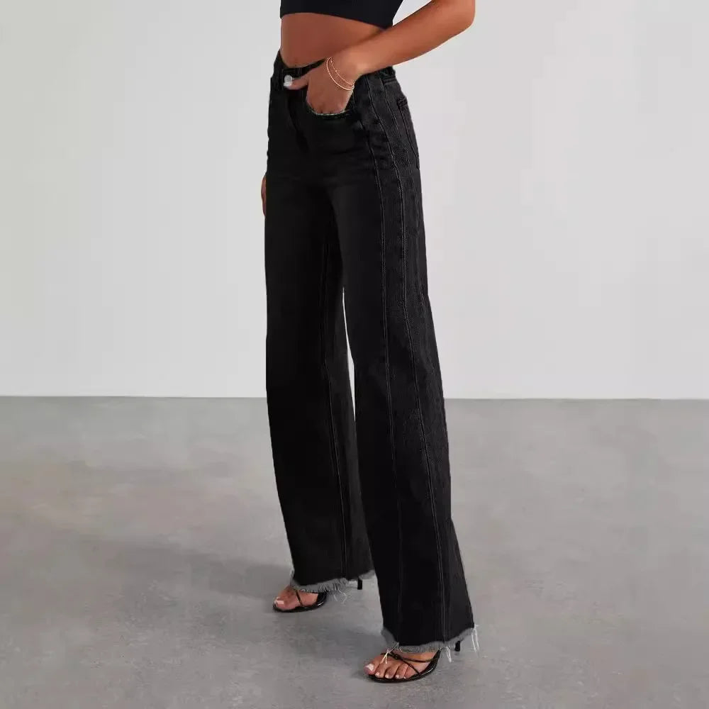 Mona | Stylowe szare jeansy damskie wide leg z nieobszytym dołem