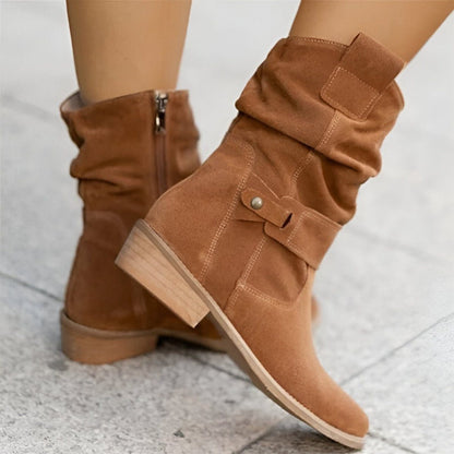 Kozaki Damskie Zamszowe Marszczone z Paskiem na Słupku