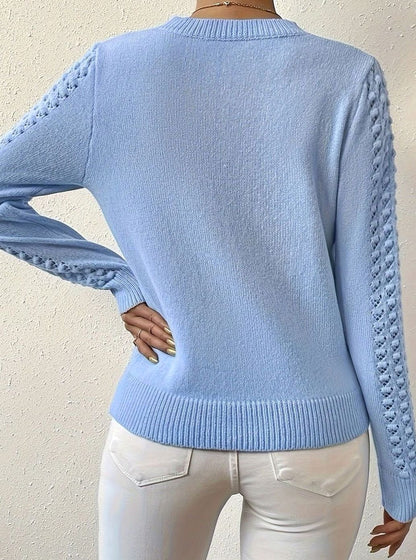 Sweter Damski z Ażurowymi Rękawami i Okrągłym Dekoltem