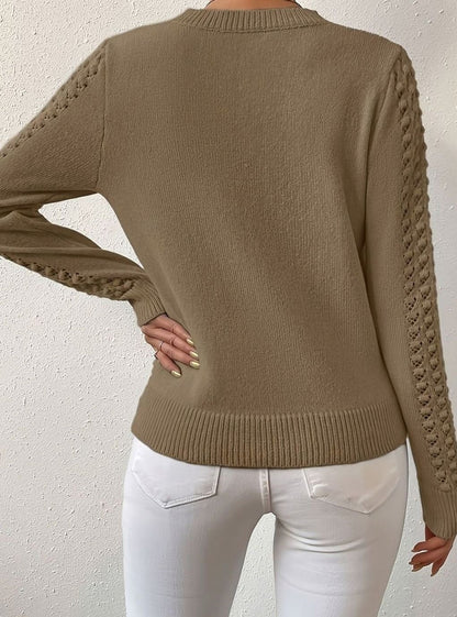 Sweter Damski z Ażurowymi Rękawami i Okrągłym Dekoltem