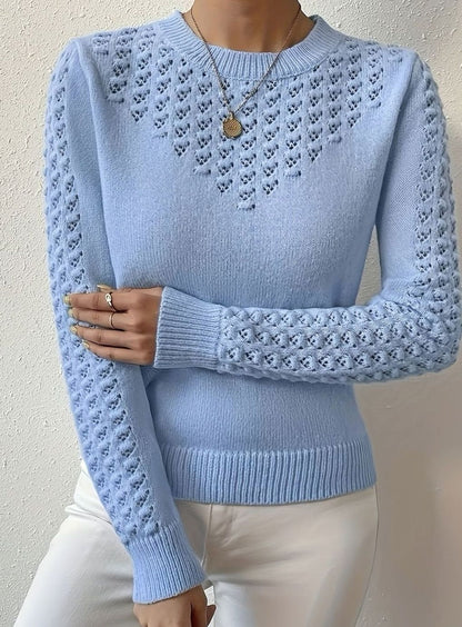 Sweter Damski z Ażurowymi Rękawami i Okrągłym Dekoltem