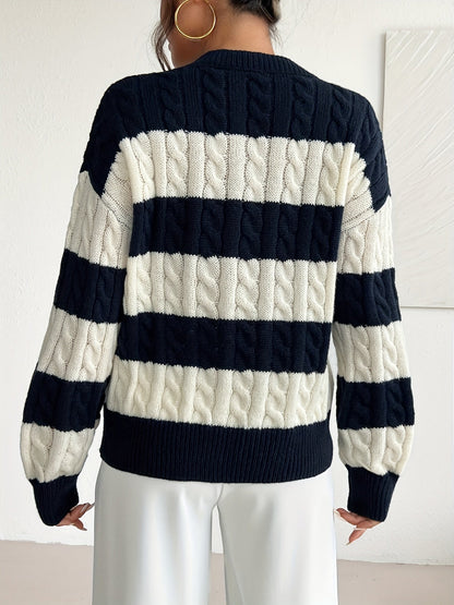 Sweter w Paski Damski Granatowy w Serek