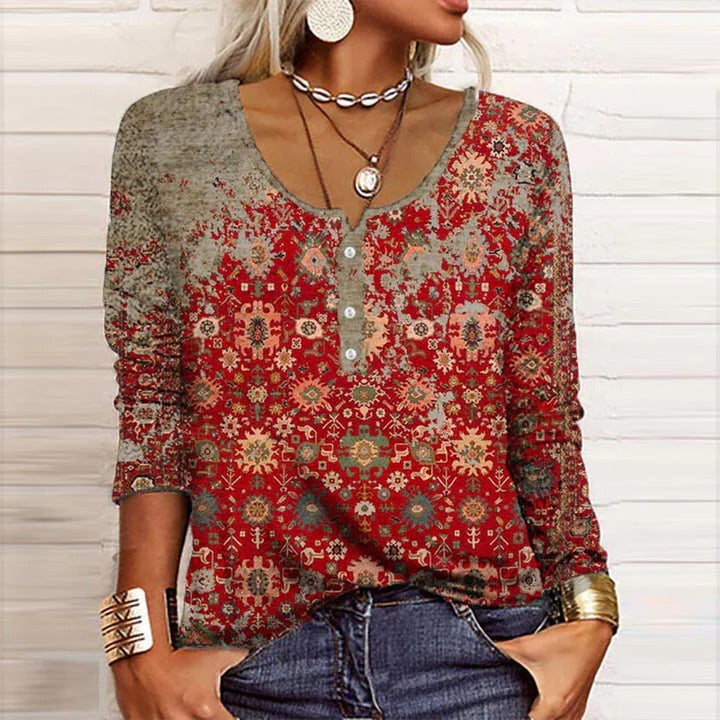 Styl Boho | Elegancka Bluzka Damska z Długim Rękawem i Dekoltem V | Wygodny Top na Każdą Okazję 0