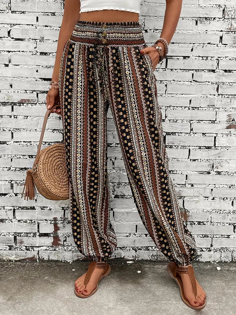 Styl Boho | Spodnie Damskie z Szerokimi Nogawkami i Elastyczną Talią | Lekki Materiał Idealny na Lato
