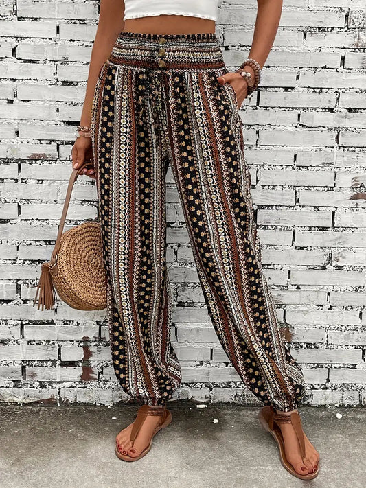 Styl Boho | Spodnie Damskie z Szerokimi Nogawkami i Elastyczną Talią | Lekki Materiał Idealny na Lato